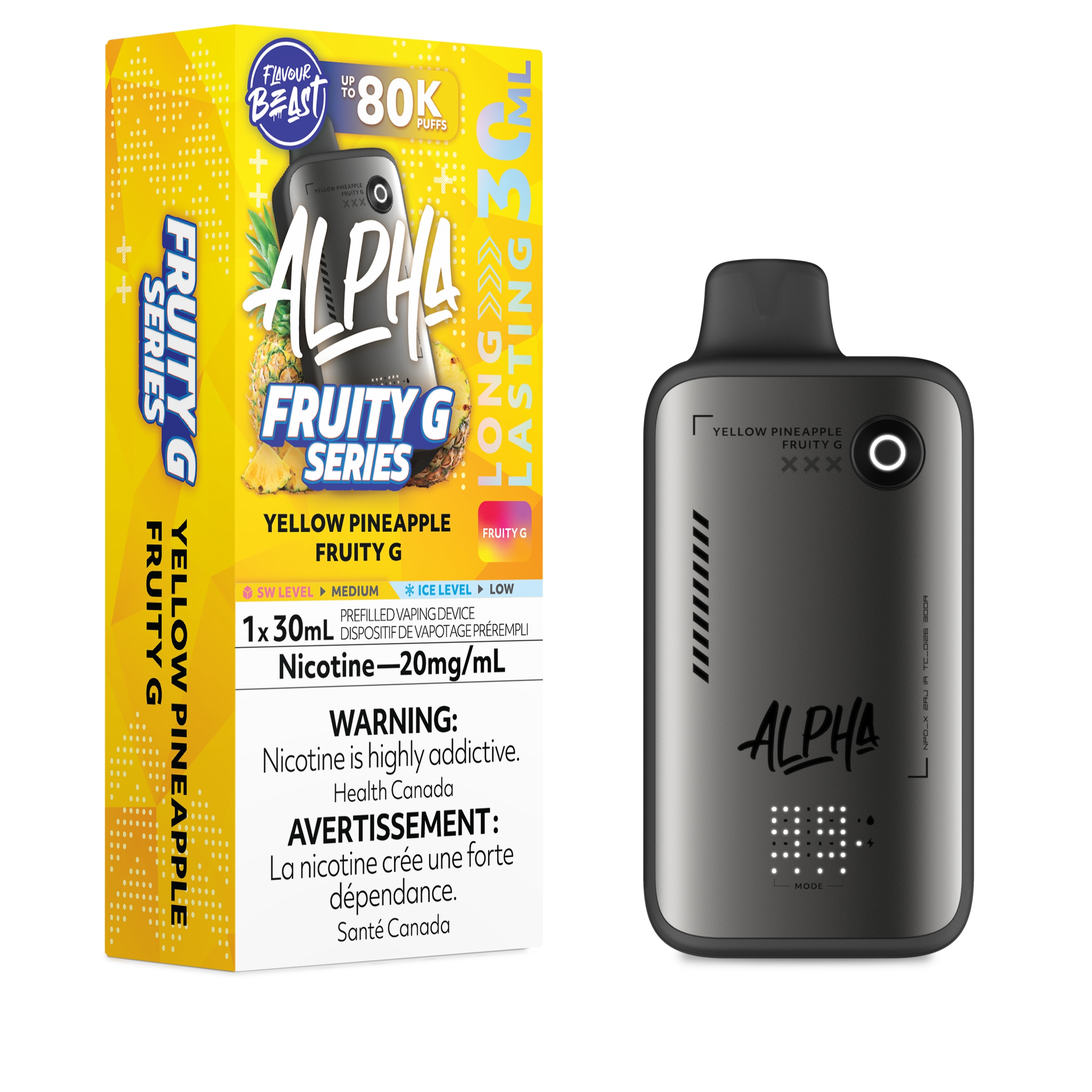 Yellow Pineapple Fruity G Flavour Beast Alpha 80K Disposable - Big Cloud Vapor Bar - Canada's Premier Vaping Experience