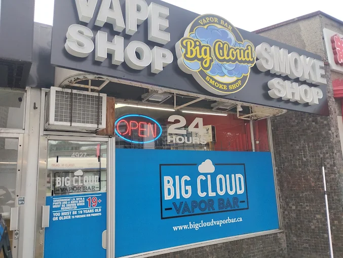 Big Cloud Vapor Bar storefront and Open 24 Hours signage at 4927 Kingsway, Burnaby BC